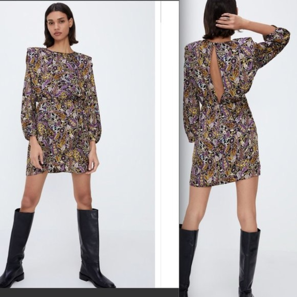 Zara satin paisley long sleeve dress